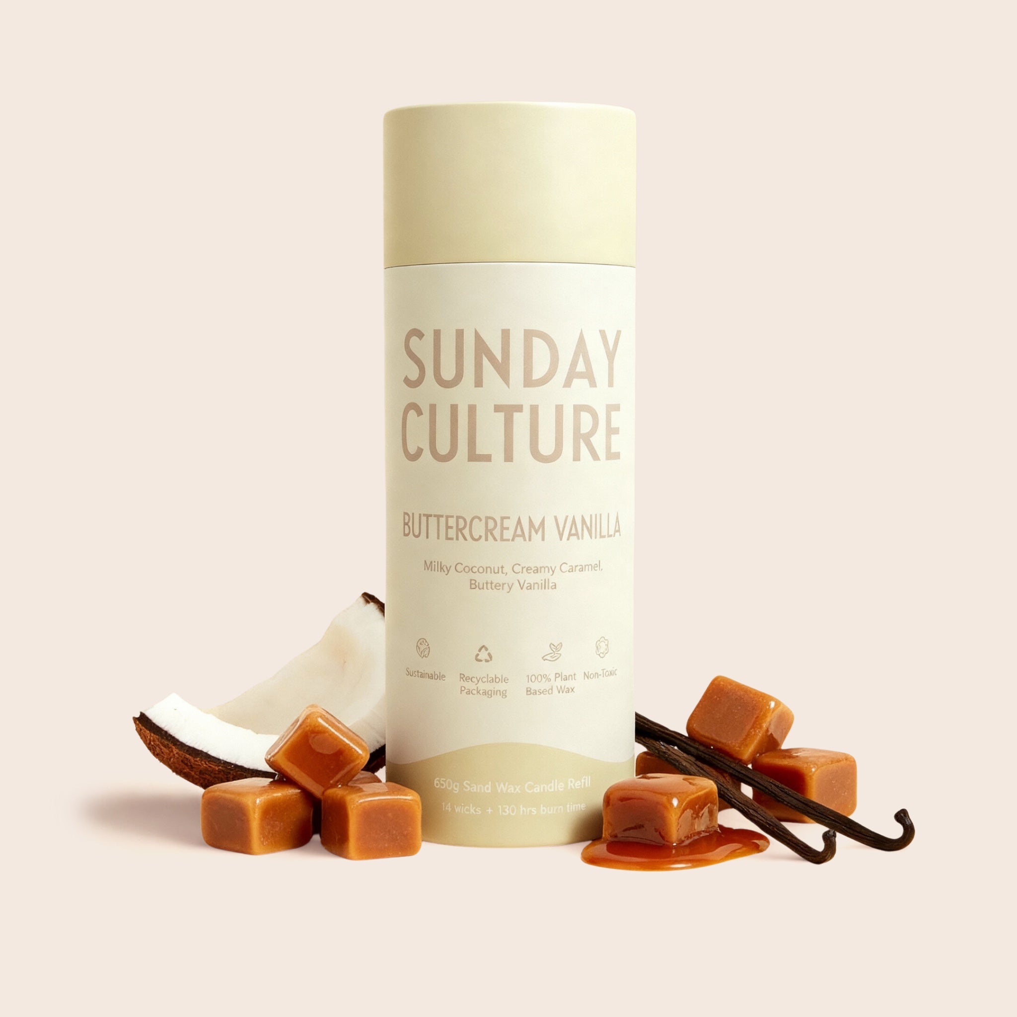 Sunday Culture Buttercream Vanilla product with vanilla beans and caramels on a beige background