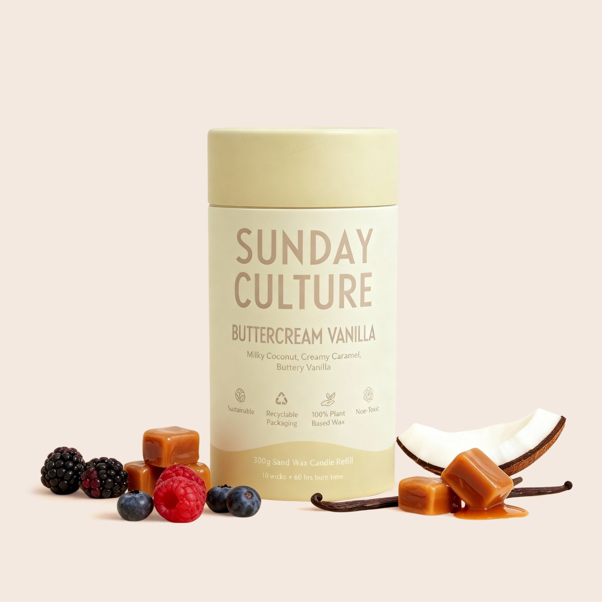 Sunday Culture Buttercream Vanilla product with vanilla beans, berries, and caramel on a beige background