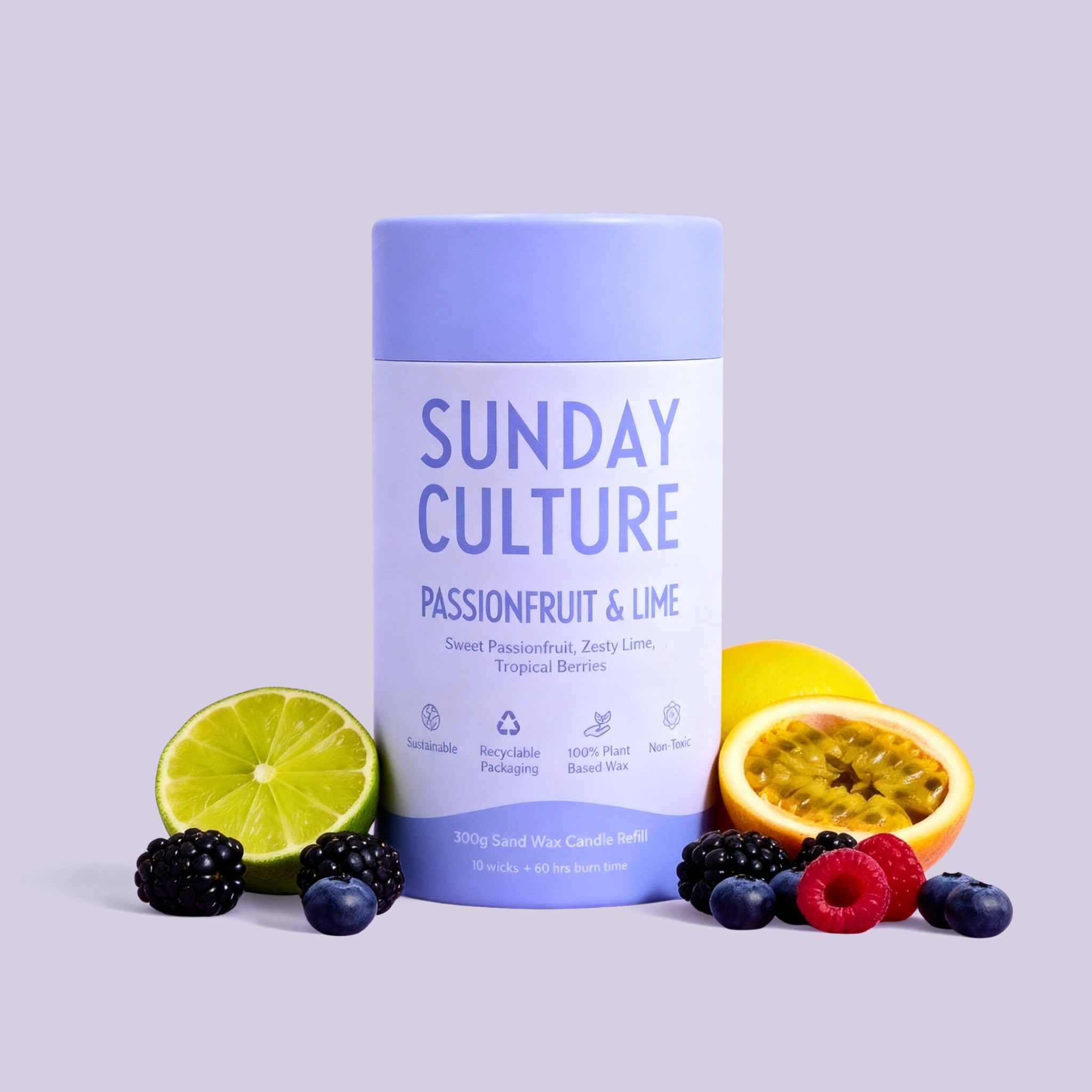 Sunday Culture product with passionfruit, lime, and berries on a light purple background