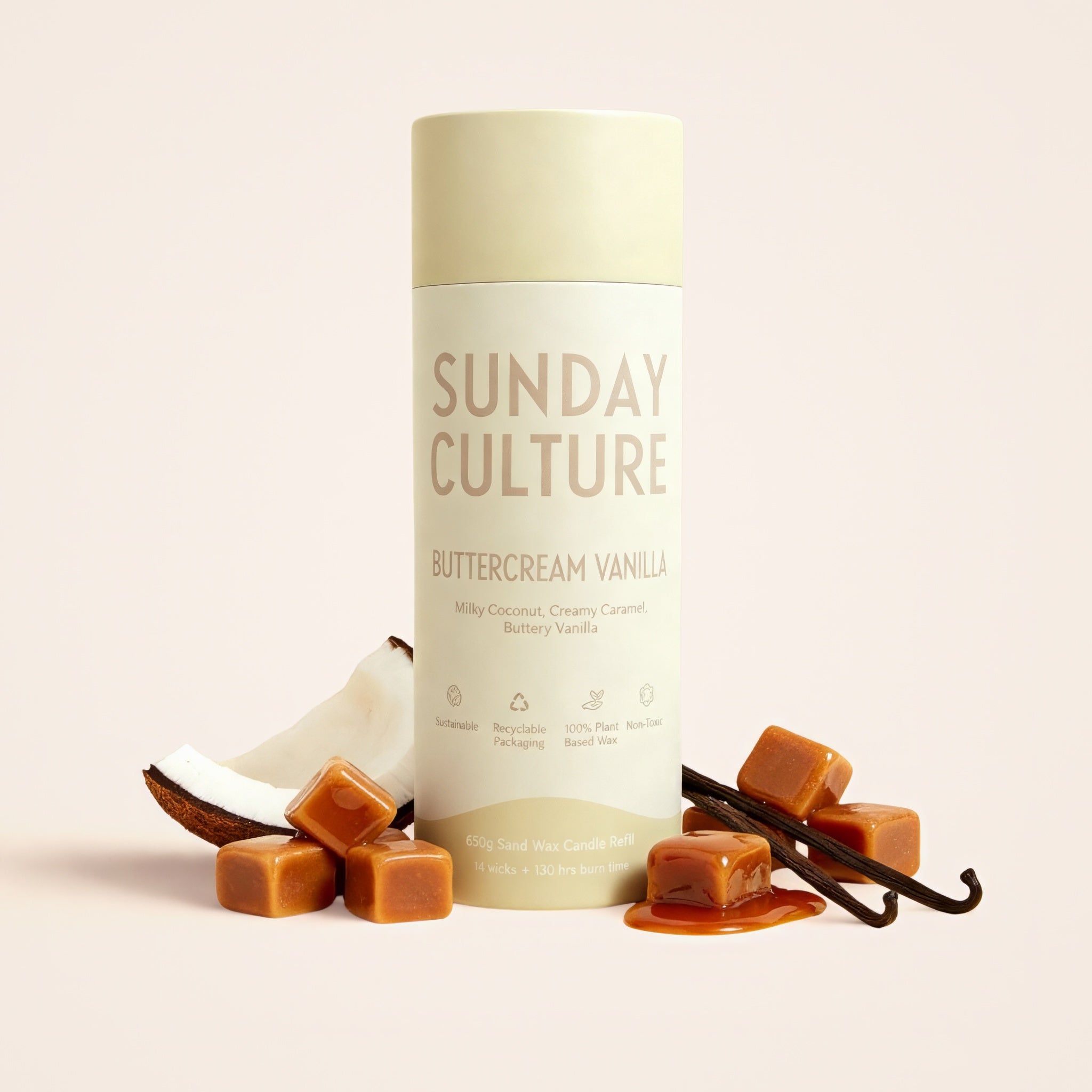 Sunday Culture Buttercream Vanilla product with vanilla beans and caramel on a beige background