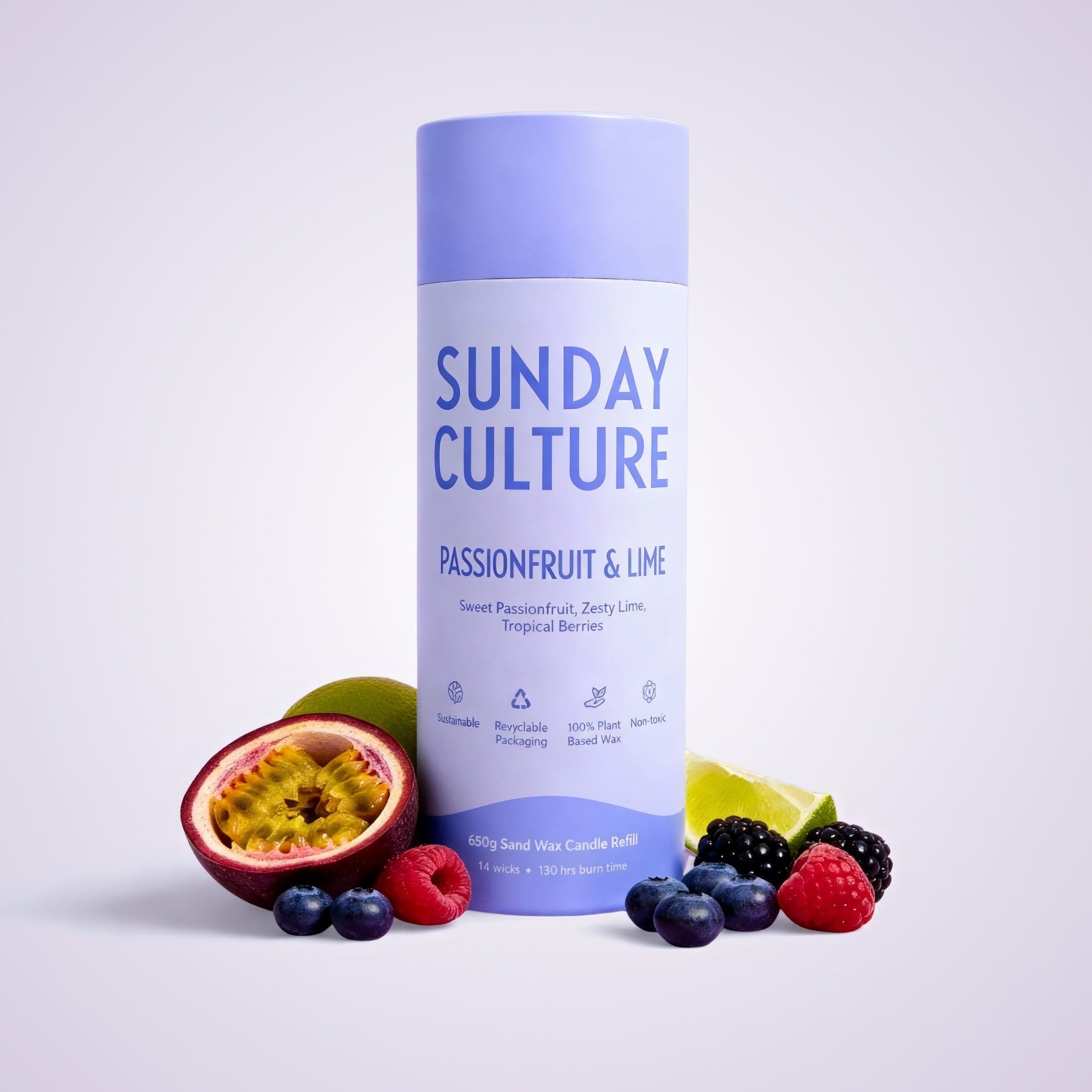 Sunday Culture candle with passionfruit, lime, and berries on a white background