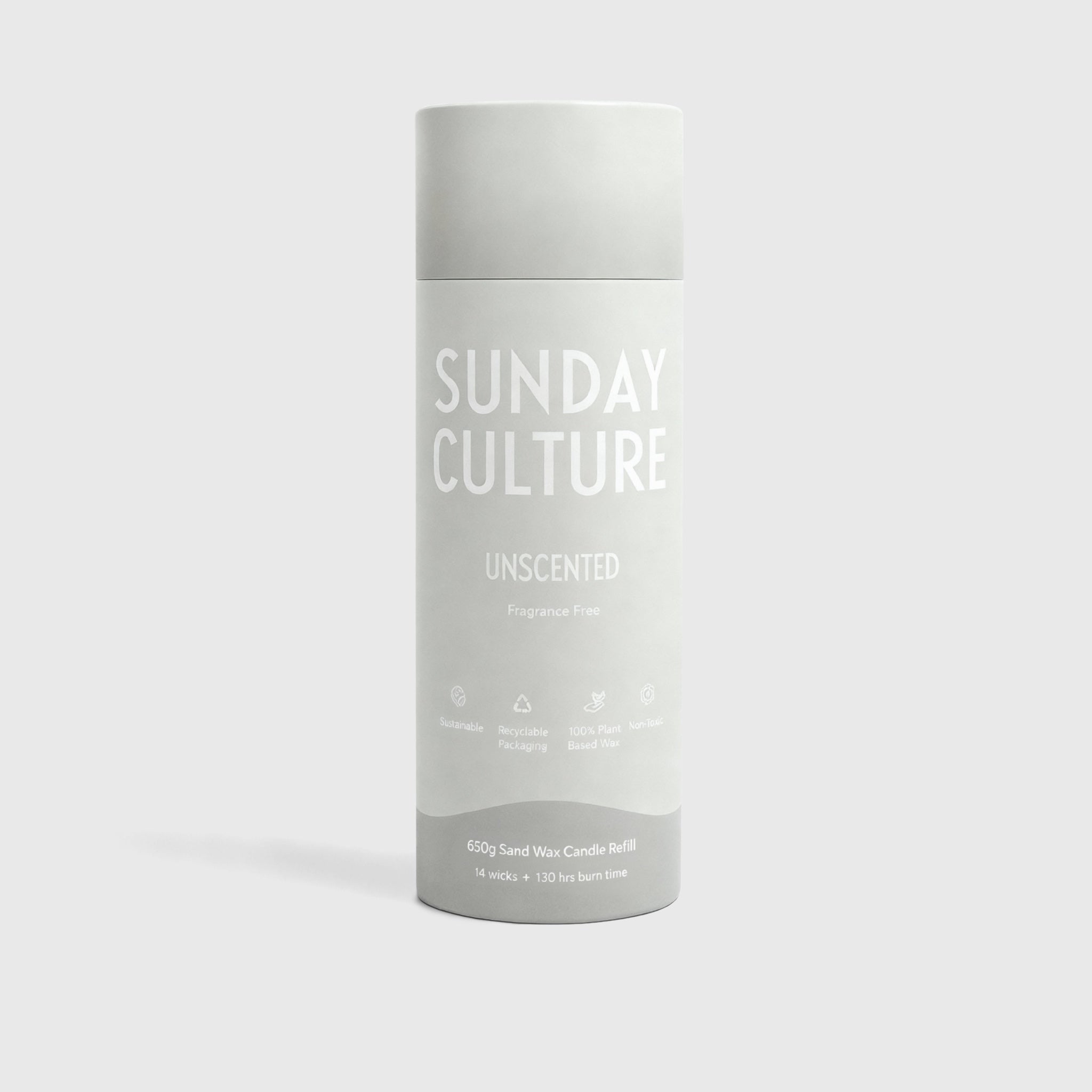 Gray cylindrical container with 'Sunday Culture' branding on a white background