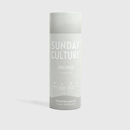 Gray cylindrical container with 'Sunday Culture' branding on a white background