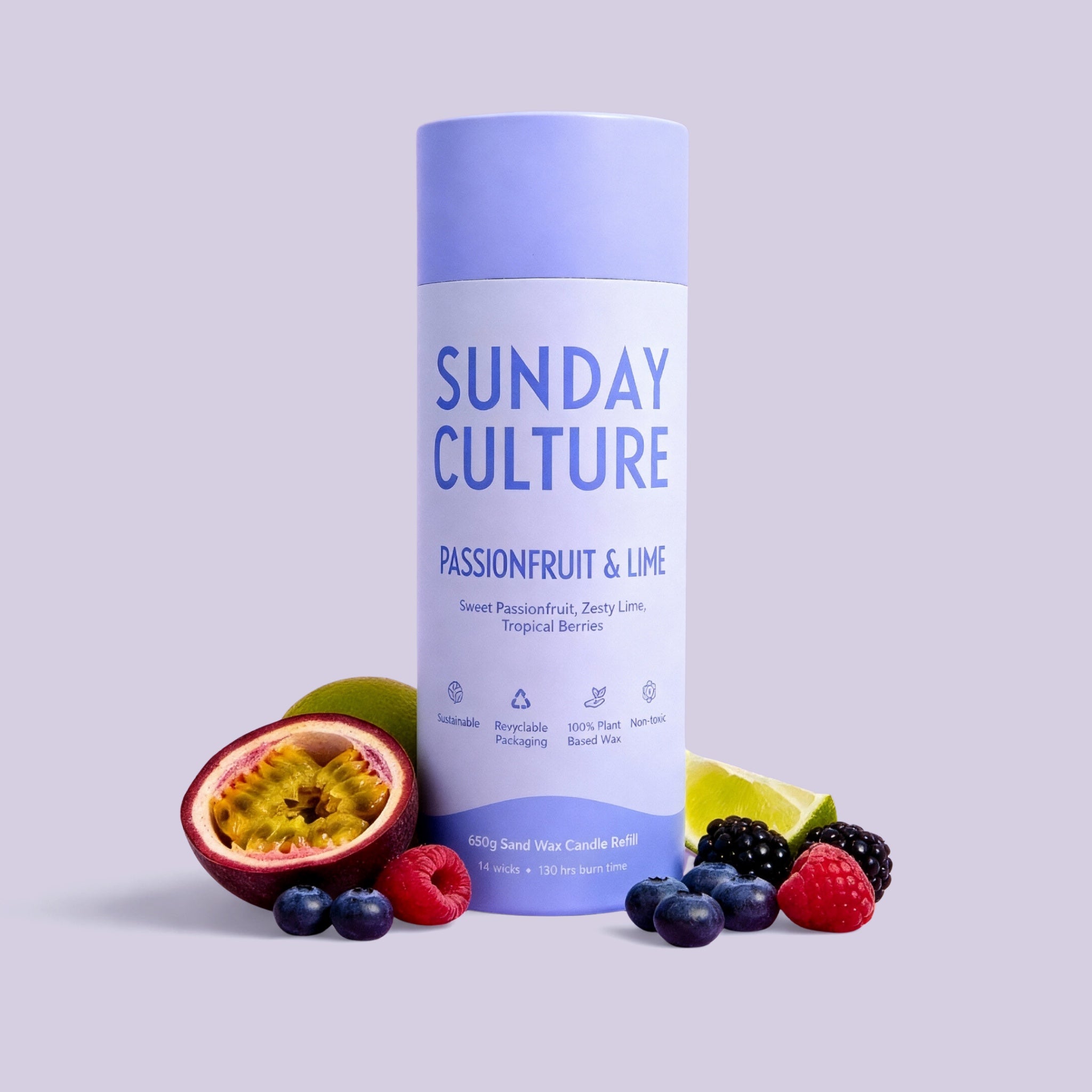 Sunday Culture product with passionfruit, lime, and berries on a light purple background