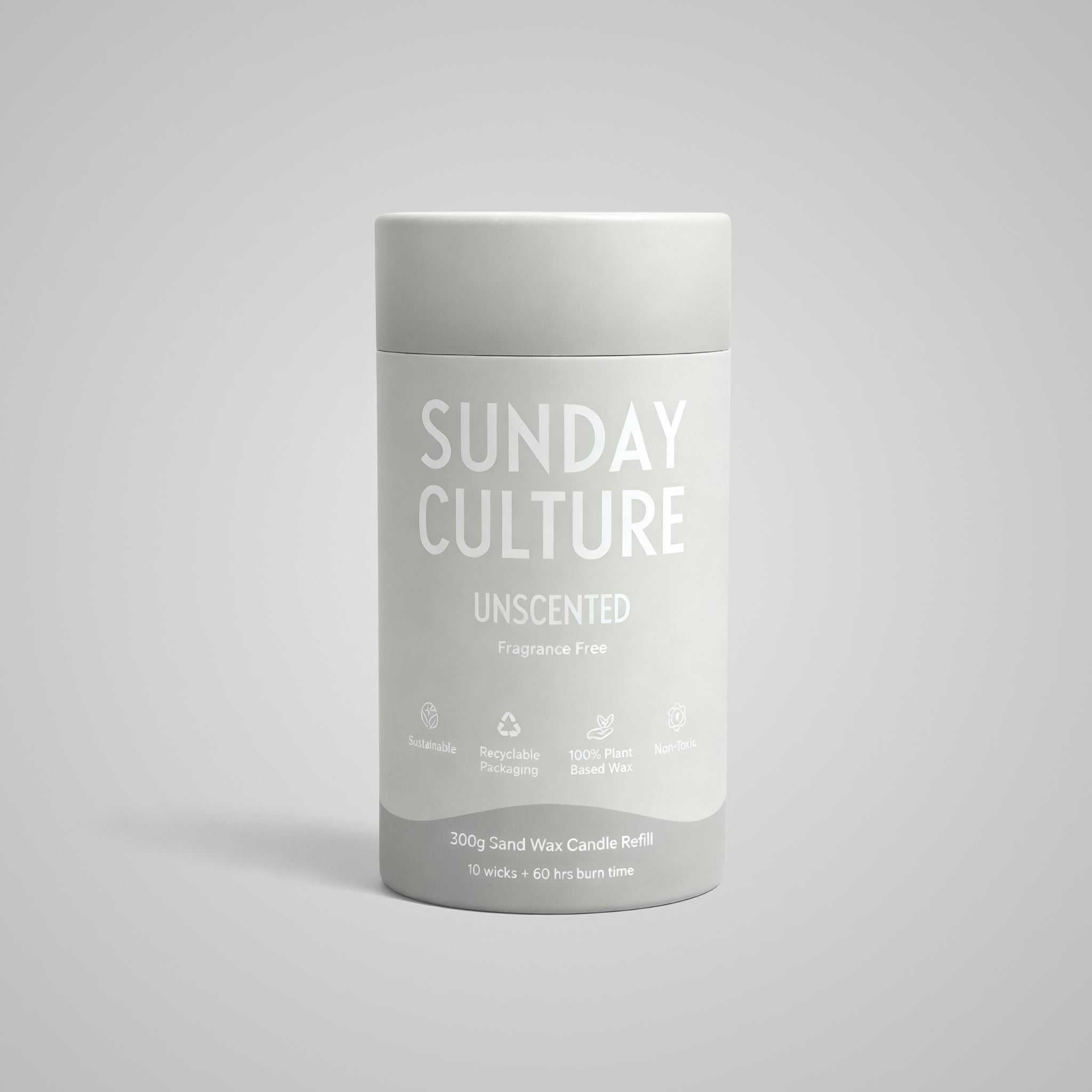 Candle refill container with 'Sunday Culture' branding on a gray background