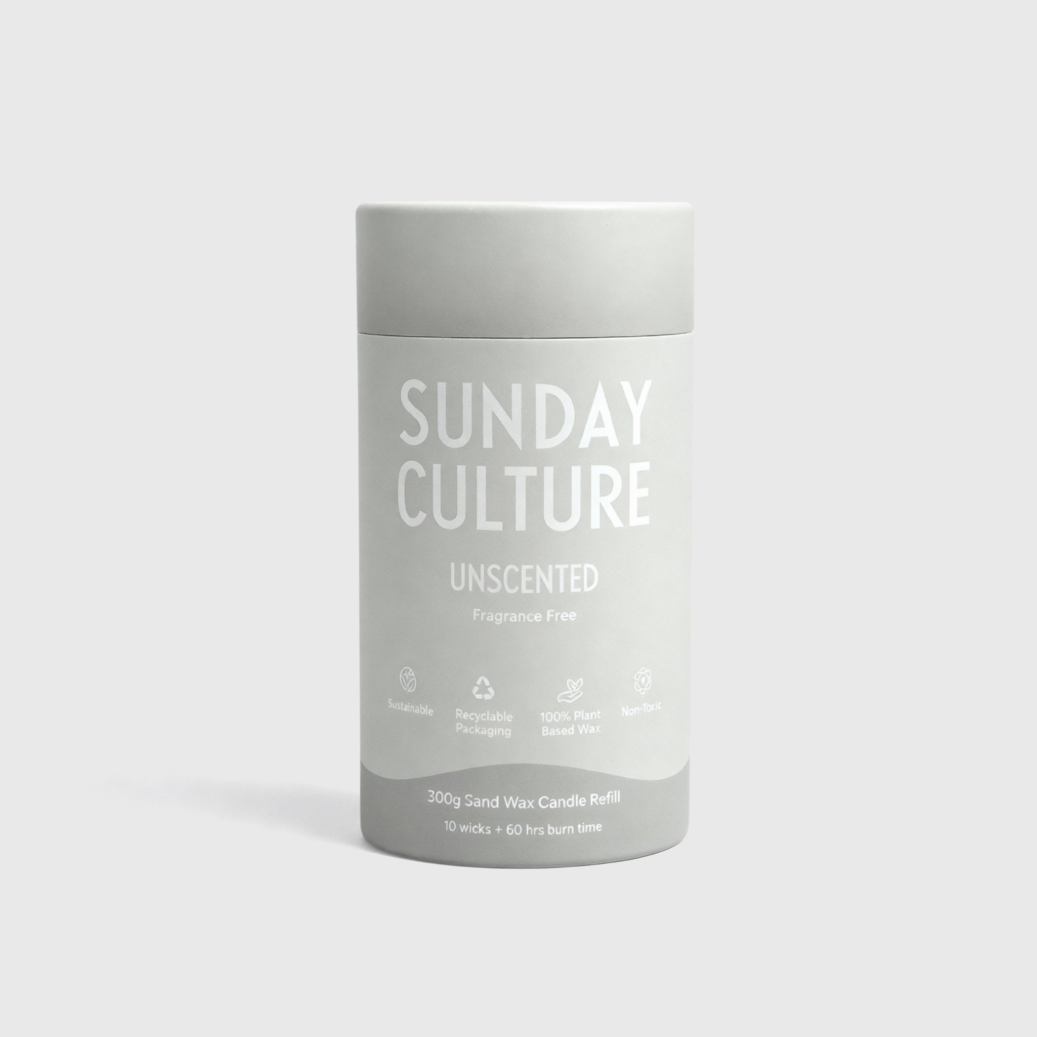 Gray candle refill container with 'Sunday Culture' branding on a white background